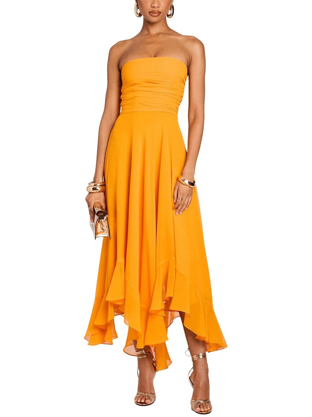 Strapless Golden-Orange Ruffled Hem Midi Dress NEW WITH TAGS